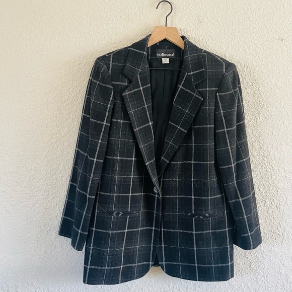 Vintage Jackets & Blazers - Vintage Sag Harbor Black & Grey Plaid Blazer